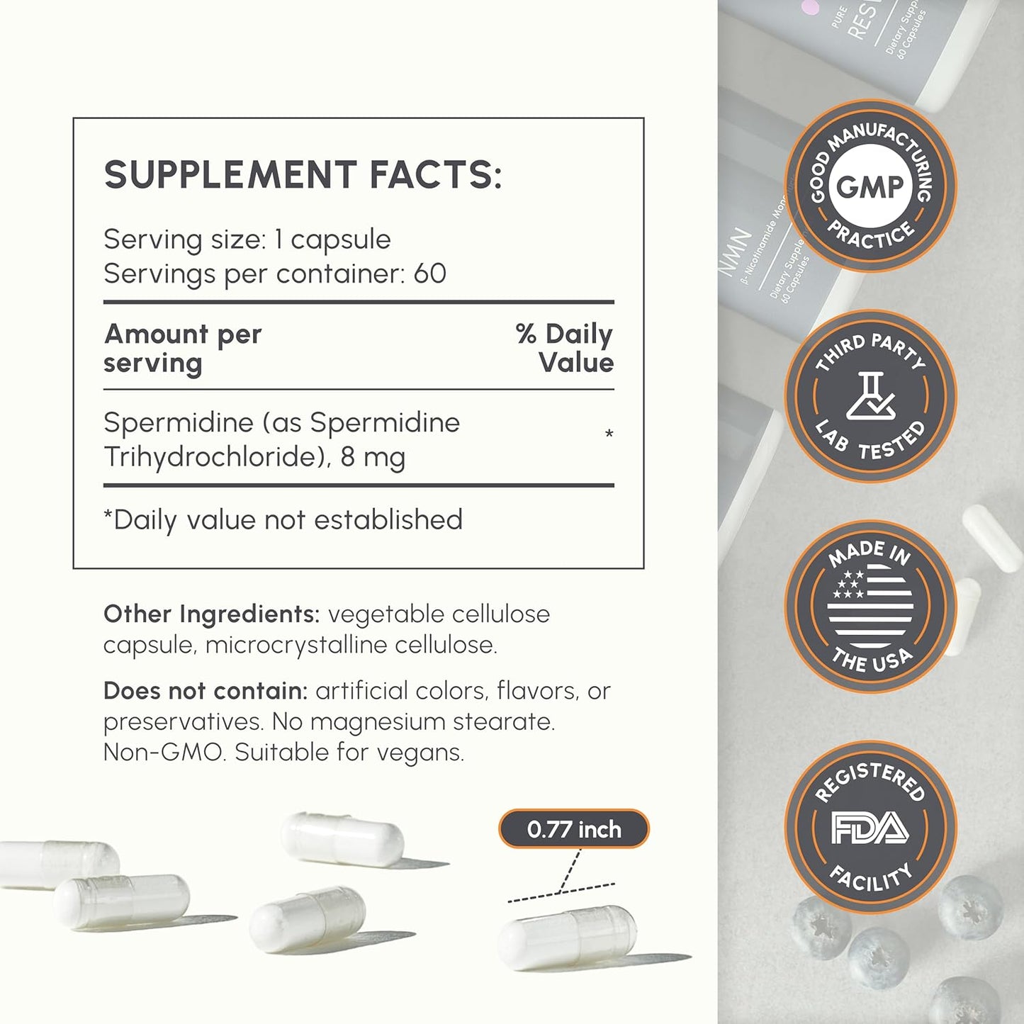 High-Quality Spermidine Supplements - 99% Purity - 8mg per Capsule - Anti-Inflammatory & Longevity Support - 60 Capsules - USA Made