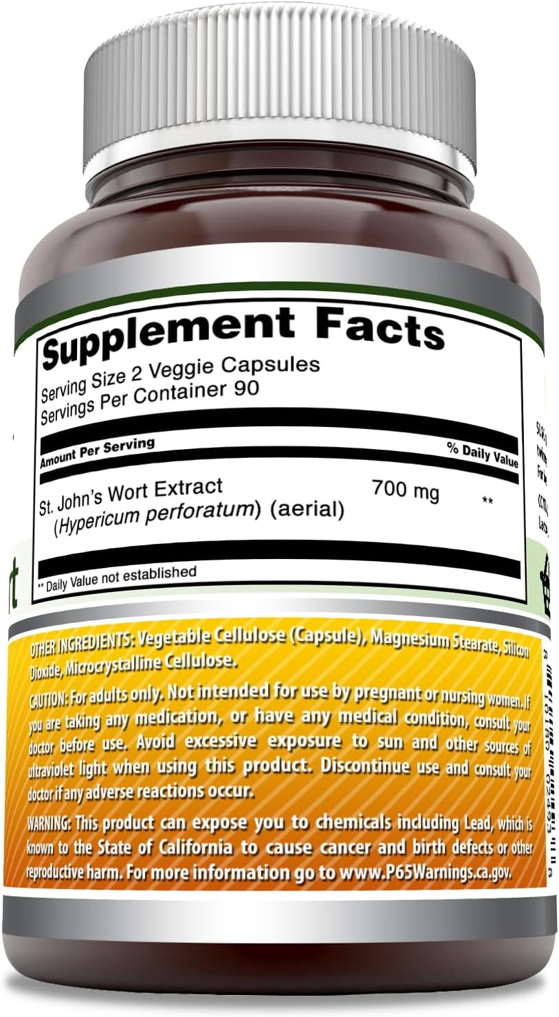 High-Quality St. Johns Wort Supplement with 700 Mg per Serving - 180 Veggie Capsules - Gluten Free - Non-GMO - Made in USA