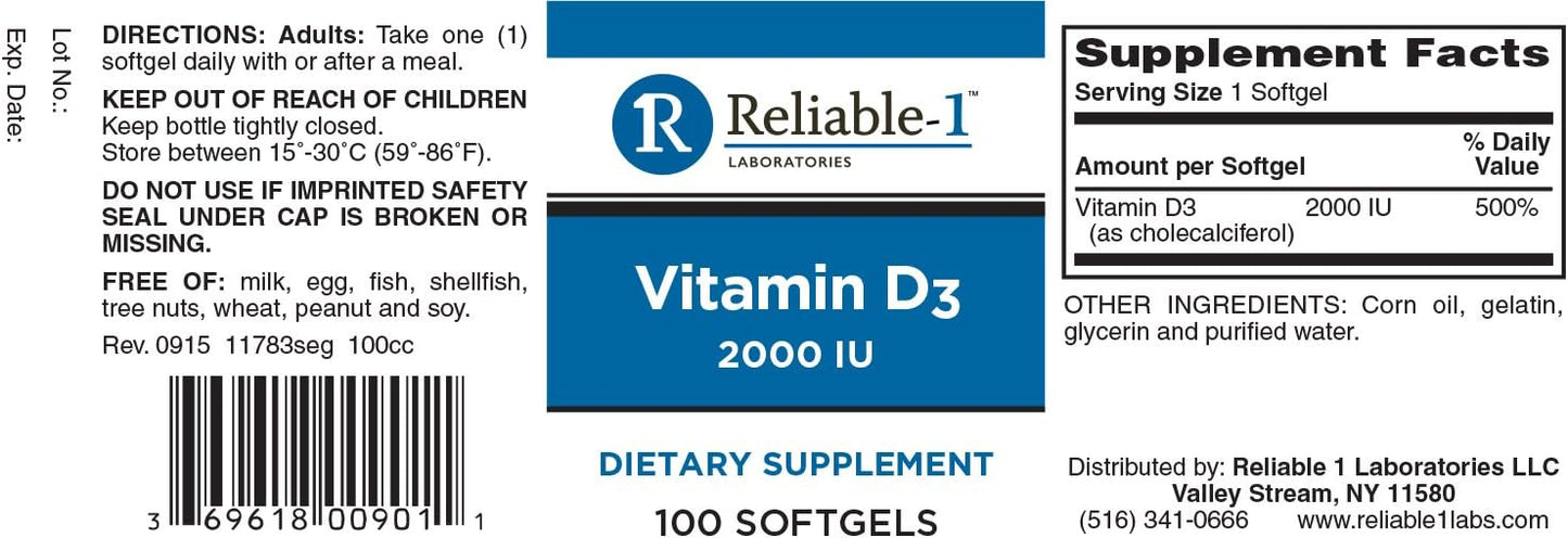 High Quality Vitamin D3 2000 IU Softgels from Reliable 1 Laboratories - 100 Count