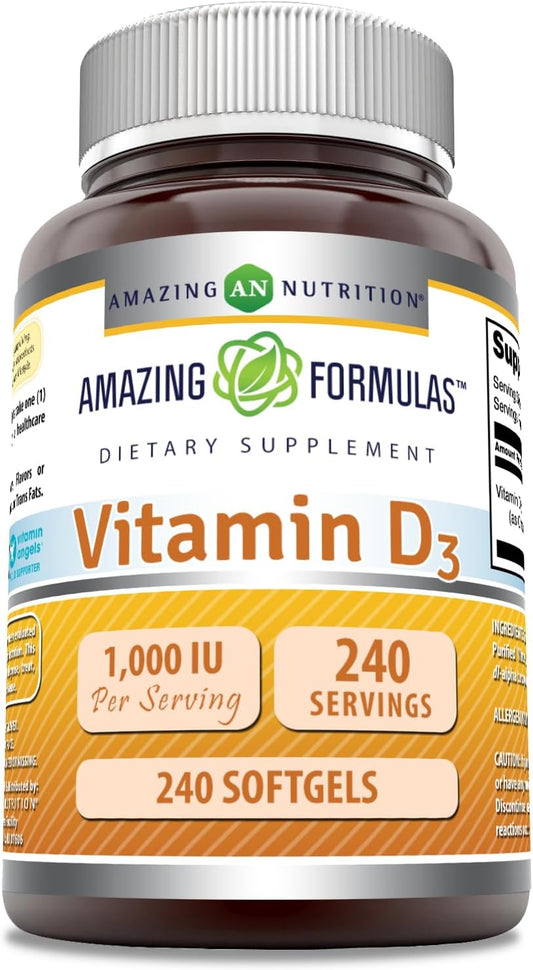 High Quality Vitamin D3 Supplement - 1000 IU - 240 Softgels - Non-GMO & Gluten Free - Made in USA by Amazing Nutrition