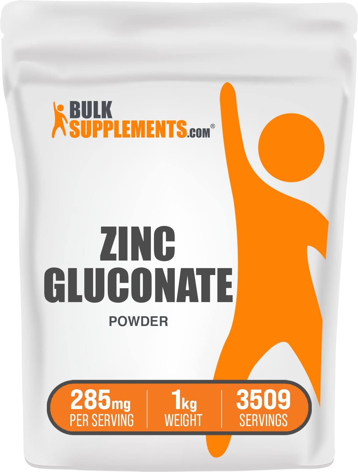 High-Quality Zinc Gluconate Powder - 40mg of Zinc for Immune Health - Gluten-Free, 285mg per Serving, 1kg (2.2 lbs) - BulkSupplements