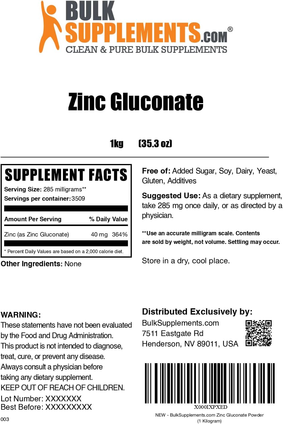 High-Quality Zinc Gluconate Powder - 40mg of Zinc for Immune Health - Gluten-Free, 285mg per Serving, 1kg (2.2 lbs) - BulkSupplements