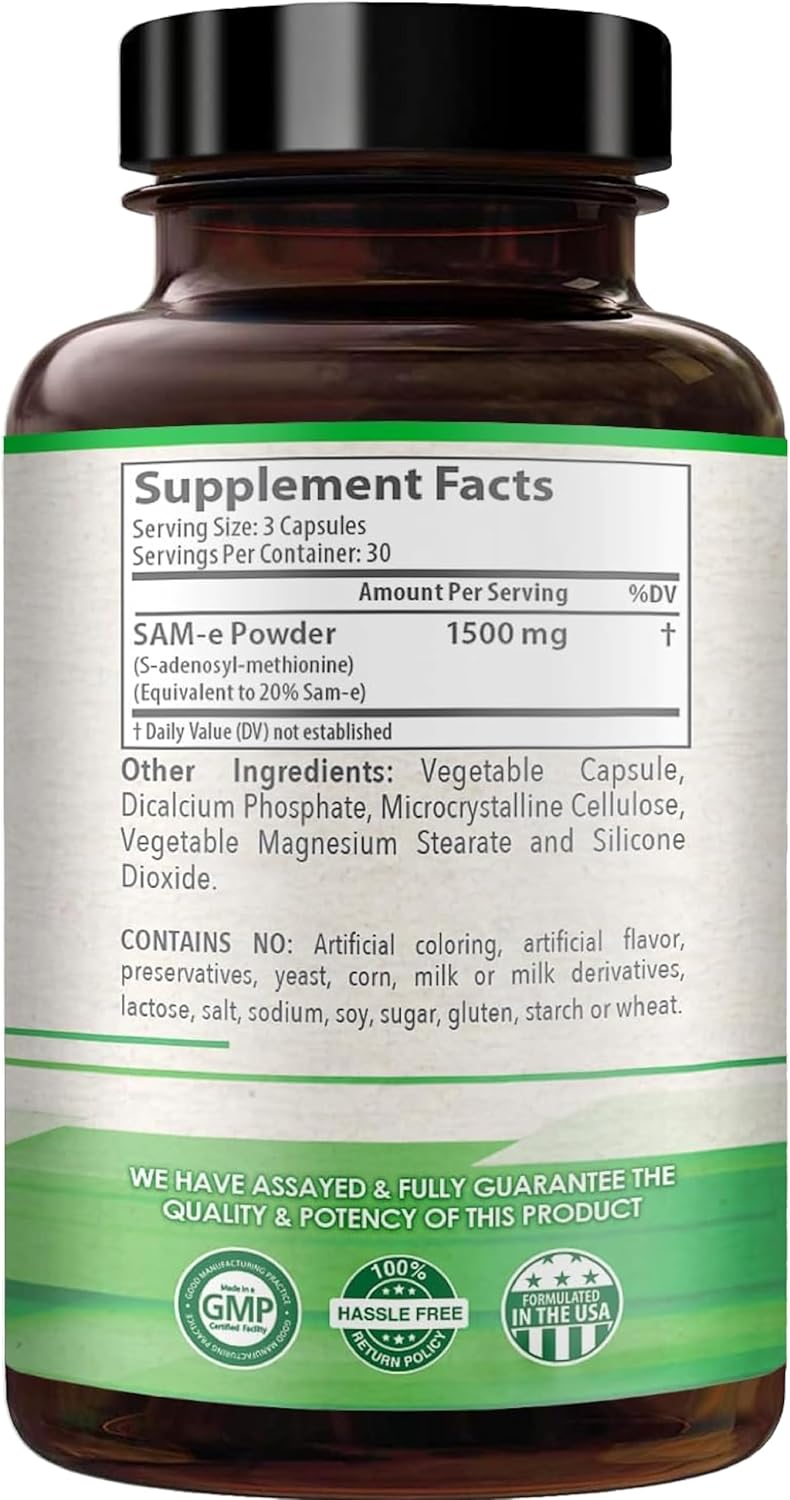 High Strength 1500mg SAM-e Supplement for Joint, Brain, Liver, and Mood Support - Non-GMO Same Capsules for High Absorption - 30 Servings