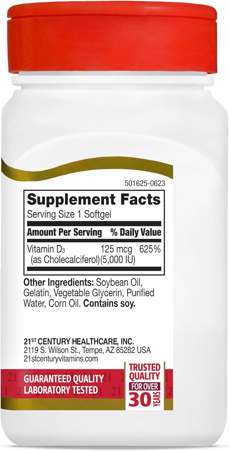 High Strength 21st Century Vitamin D3 125 mcg (5,000 IU) Softgels - 110 Count, Fast Absorption