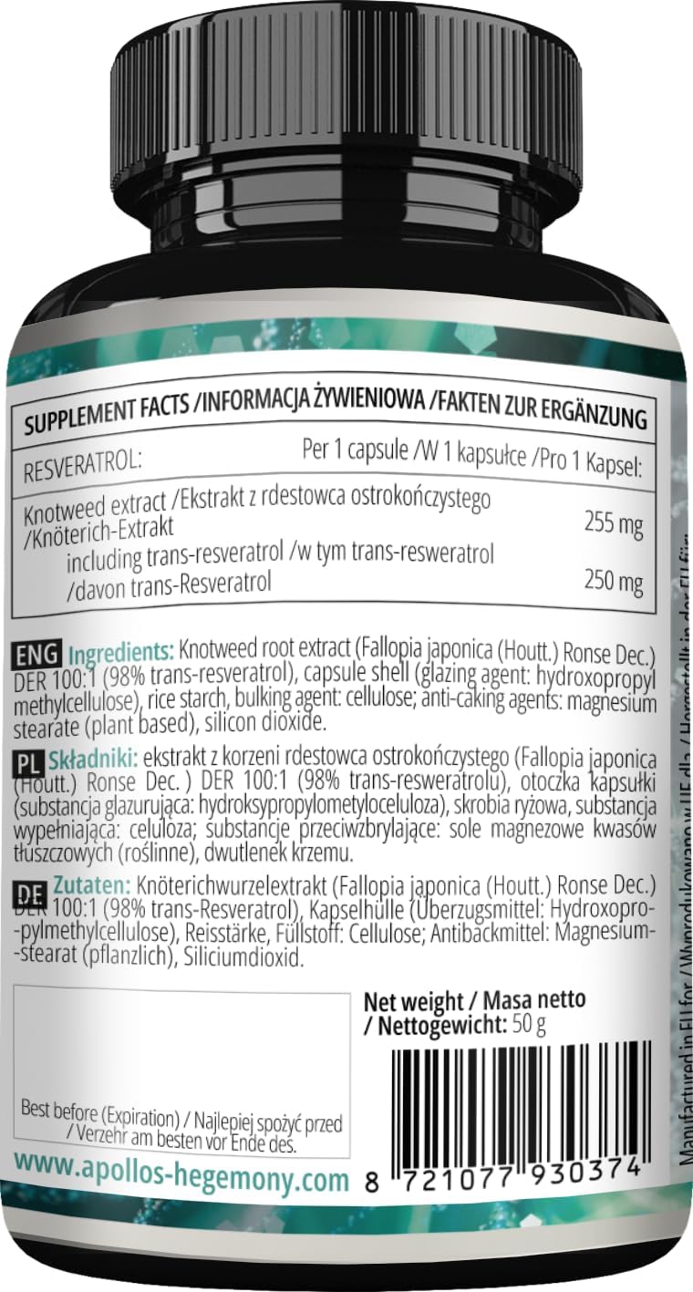 High Strength 400mg Resveratrol Capsules - 60 Vegan Capsules - 2 Month Supply - 98% Trans-Resveratrol - Natural Antioxidant Supplement