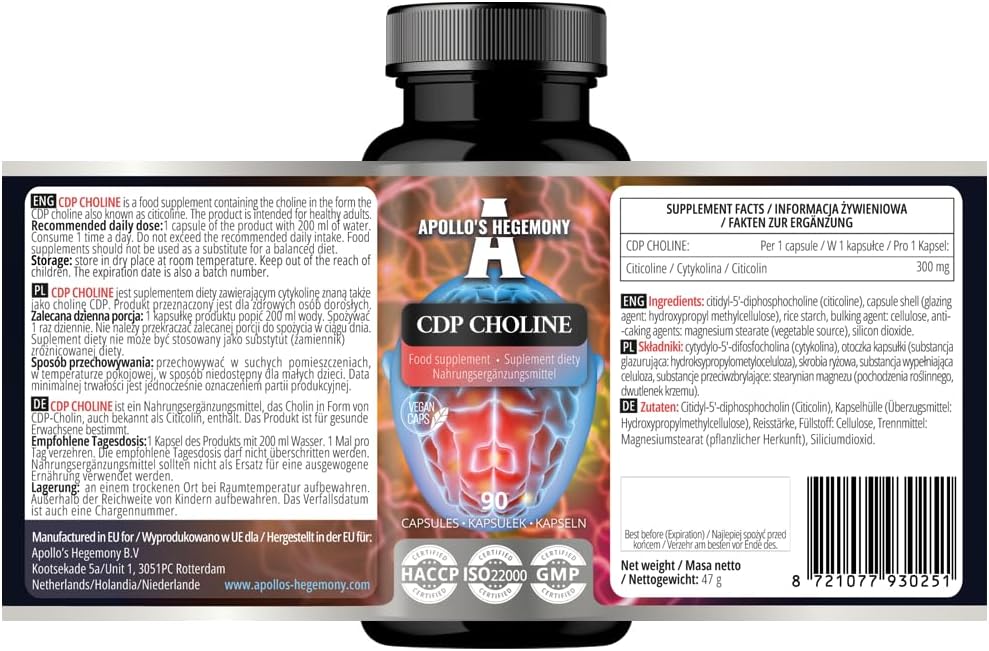 High Strength Apollo's Hegemony CDP Choline Capsules - 90 Citicoline Vegan Capsules - 300 mg - 3 Month Supply - Memory & Concentration Support
