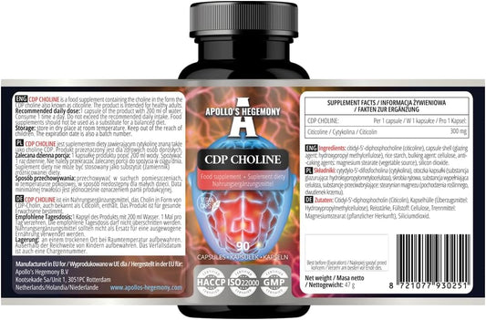 High Strength Apollo's Hegemony CDP Choline Capsules - 90 Citicoline Vegan Capsules - 300 mg - 3 Month Supply - Memory & Concentration Support