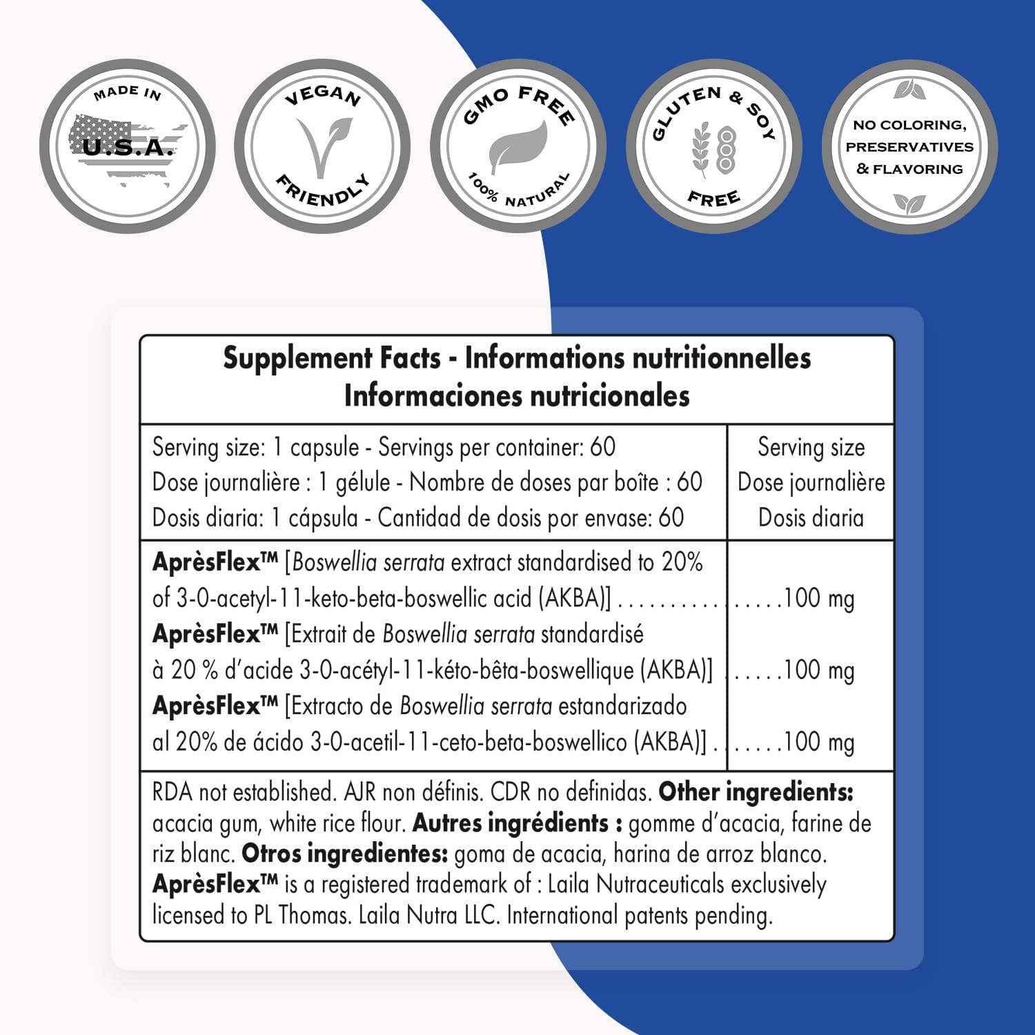 High Strength ApresFlex Boswellia Serrata Supplement - 100mg per Day - Patented Extract - Non-GMO & Gluten Free - 60 Capsules