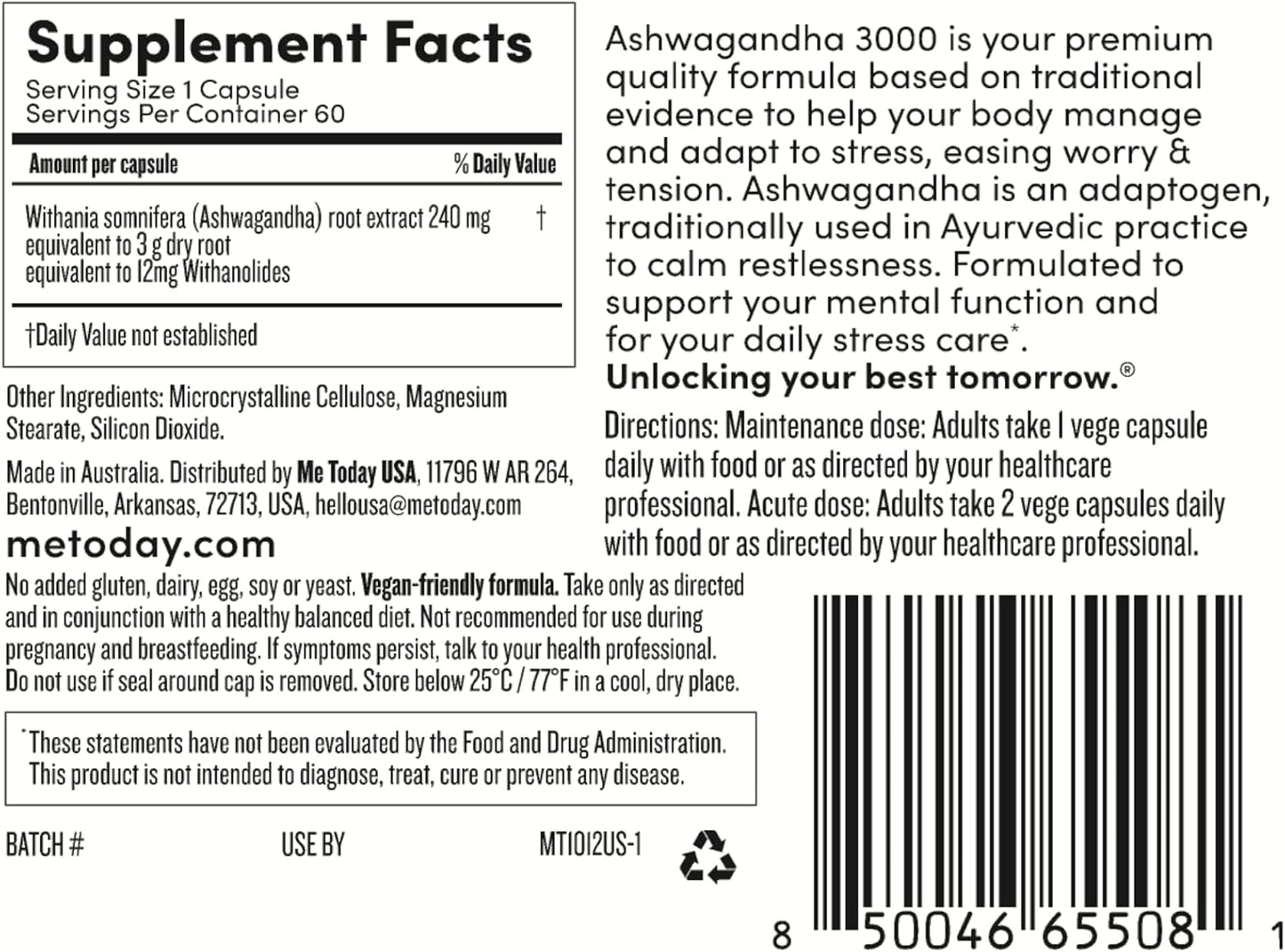 High Strength Ashwagandha Supplements for Stress Relief & Mental Support - Vegetarian Capsules (60 Count)