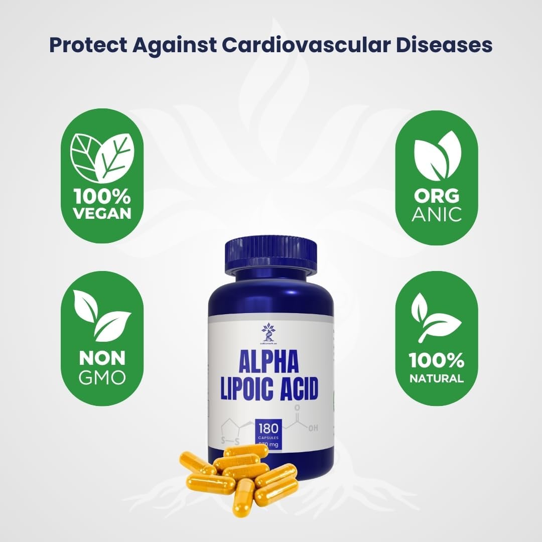 High Strength AZ BIOTECH Alpha Lipoic Acid (ALA) Capsules - 180 Count, Gluten Free, Non-GMO, Vegan Formula