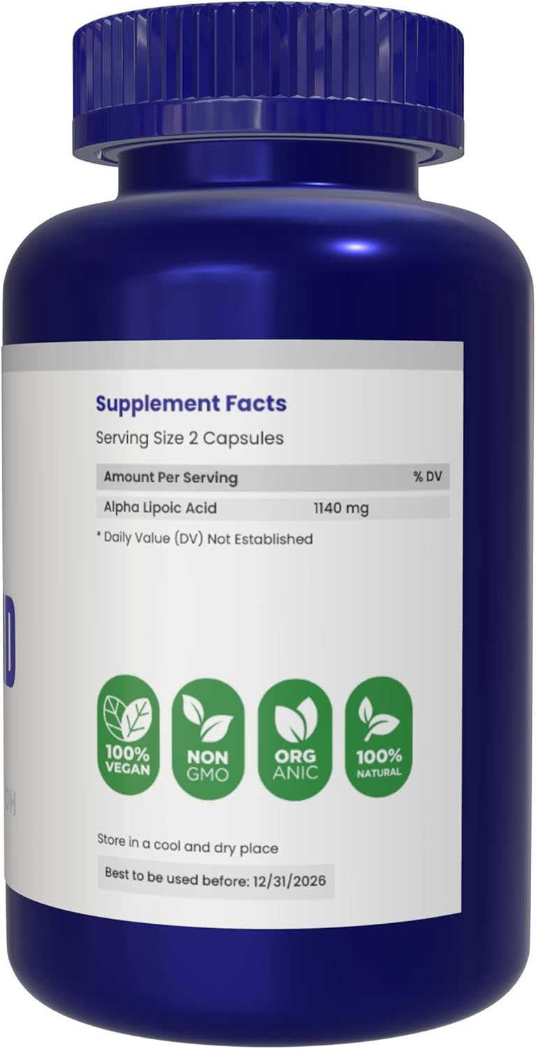 High Strength AZ BIOTECH Alpha Lipoic Acid (ALA) Capsules - 180 Count, Gluten Free, Non-GMO, Vegan Formula
