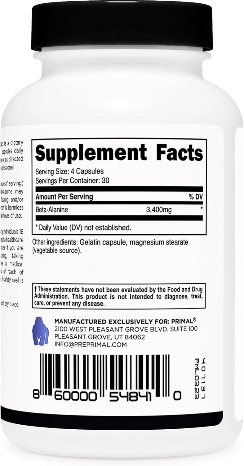 High Strength Beta-Alanine Supplement Capsules - 3400mg (30 Servings, 120 Capsules), Gluten-Free & Non-GMO, 850mg Per Cap
