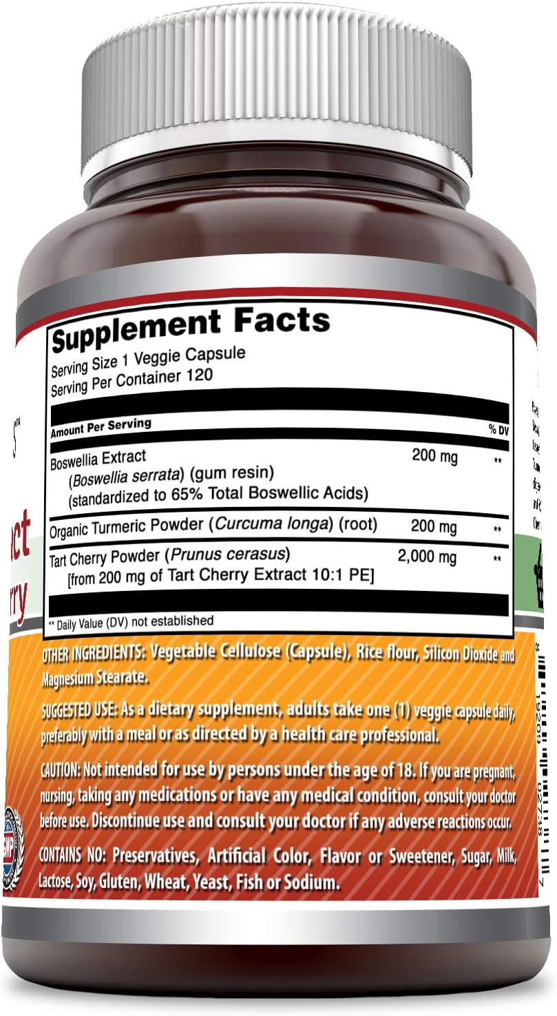 High Strength Boswellia Extract Turmeric & Tart Cherry Capsules 2400mg - Non-GMO, Gluten Free - Vegetarian Friendly - 120 Count - Made in USA by Amazing Nutrition