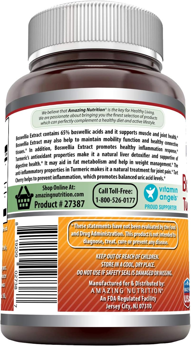 High Strength Boswellia Extract Turmeric & Tart Cherry Capsules 2400mg - Non-GMO, Gluten Free - Vegetarian Friendly - 120 Count - Made in USA by Amazing Nutrition