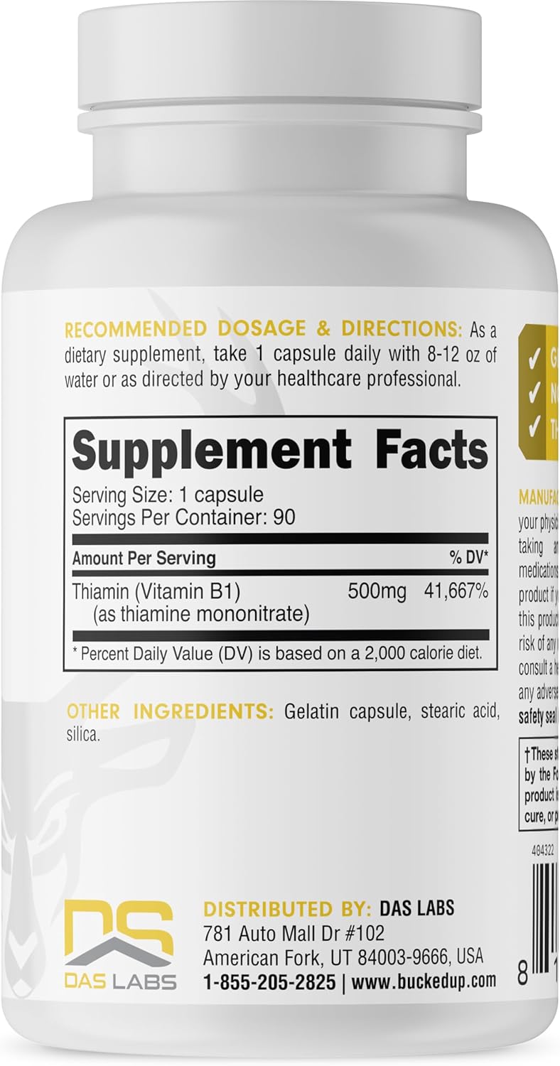 High Strength Bucked Up Vitamin B1 500mg Capsules, Essential Nutrient Supplement (90 Servings)
