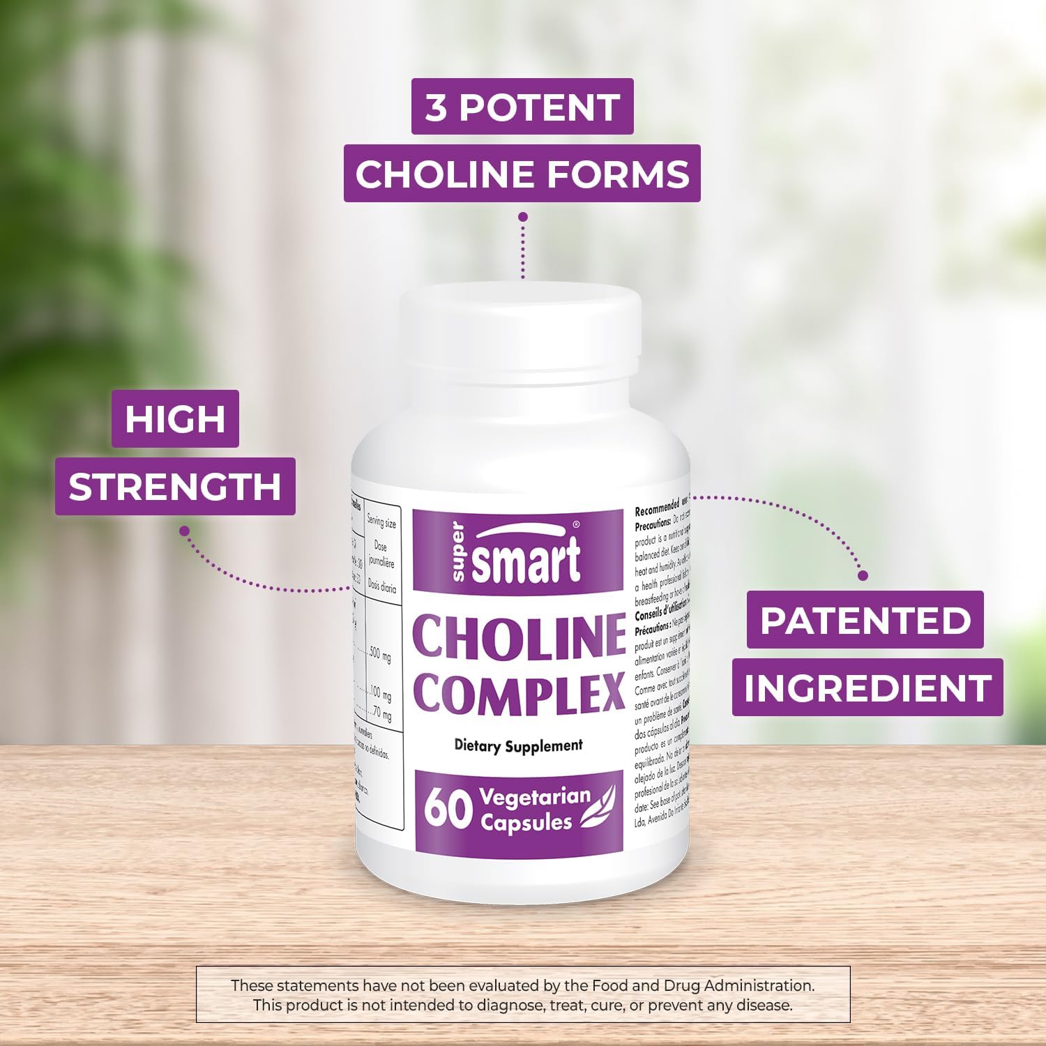 High Strength Choline Complex Supplement with Patented Formula - Choline Bitartrate, GPC Choline & CDP Choline - 60 Capsules, Non-GMO & Gluten-Free
