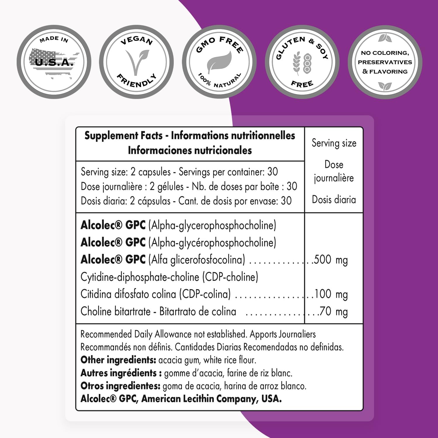 High Strength Choline Complex Supplement with Patented Formula - Choline Bitartrate, GPC Choline & CDP Choline - 60 Capsules, Non-GMO & Gluten-Free