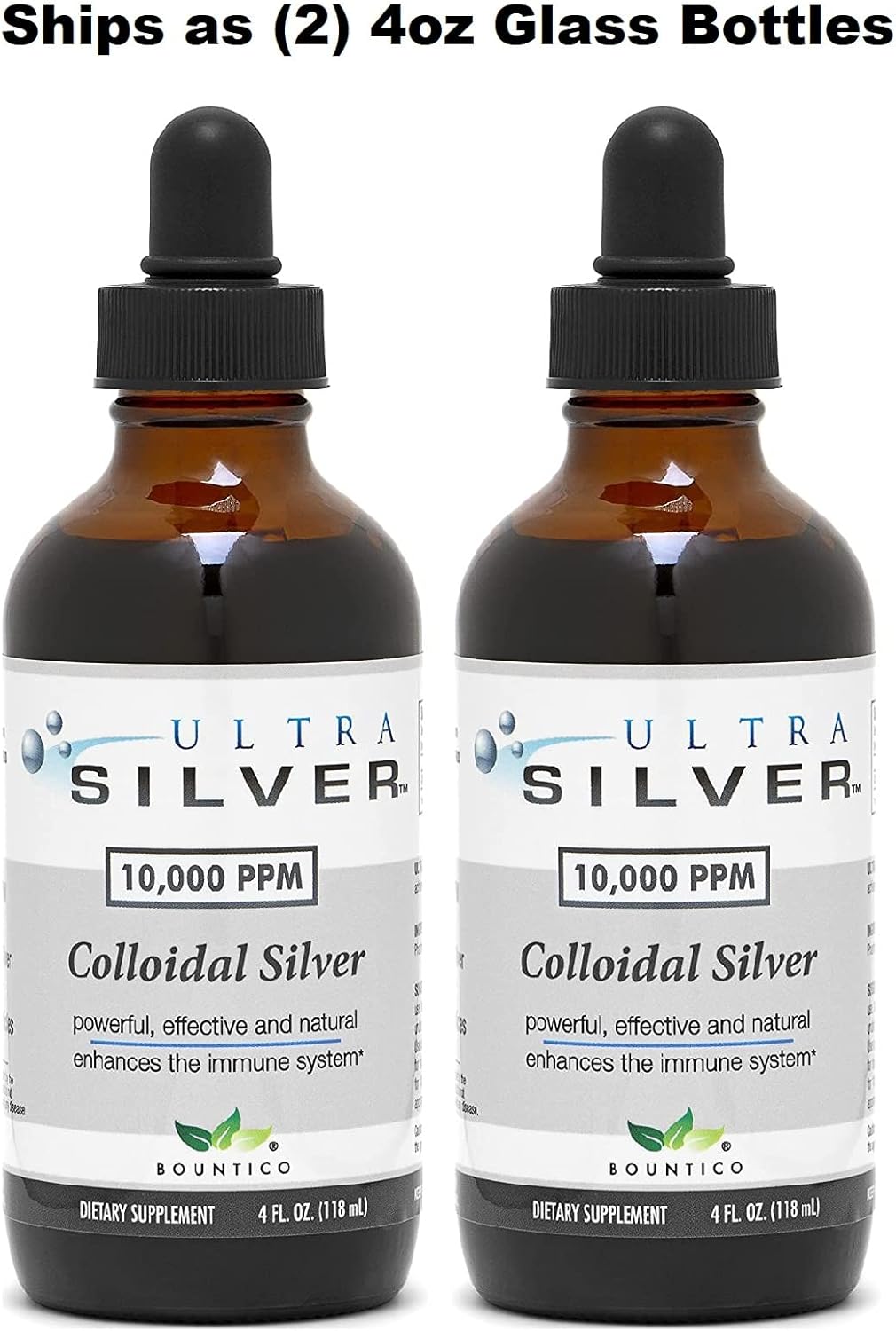 High Strength Colloidal Silver Mineral Supplement - 10,000 PPM, 8 Oz - True Colloidal Silver with Dropper - (2) 4 Ounce Glass Bottles - Ultra Silver®