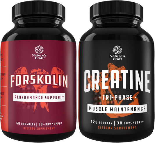 High Strength Creatine and Forskolin Bundle for Optimal Muscle Building - 100% Natural Supplements for Men and Women - Potent Coleus Forskohlii Extract - Pre Workout Formula