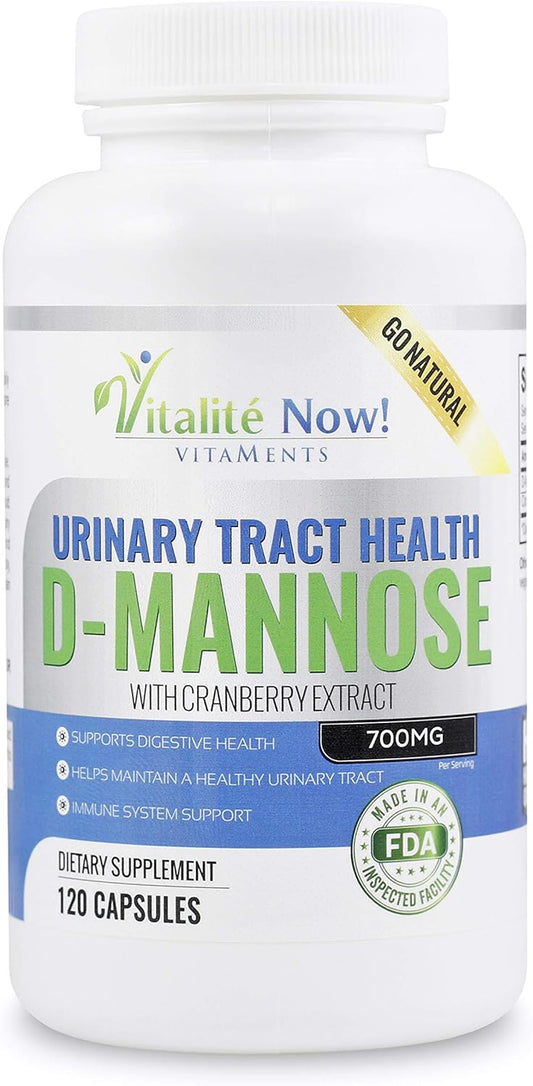 High Strength D-Mannose and Cranberry Extract Pills for Urinary Tract and UTI Support - Immune System Boost - 700mg - Non-GMO - 120 Capsules