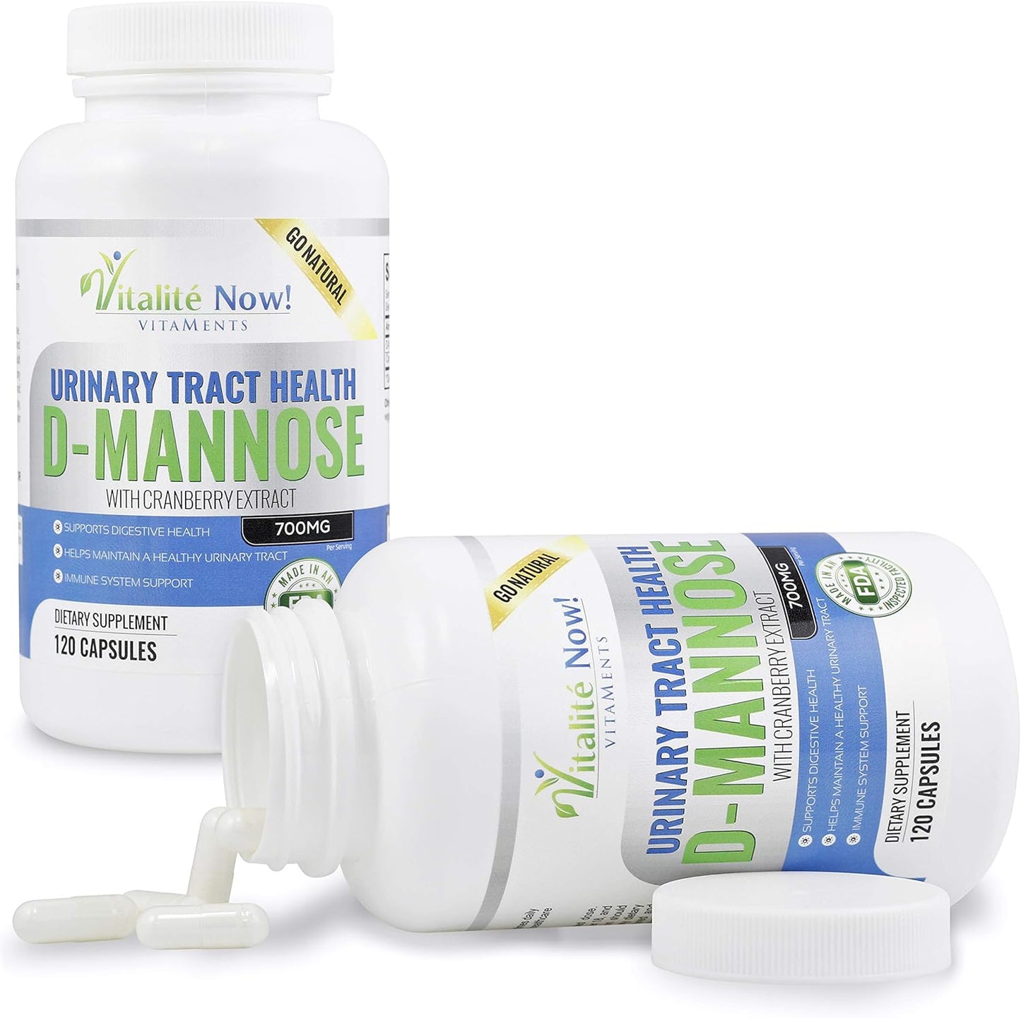High Strength D-Mannose and Cranberry Extract Pills for Urinary Tract and UTI Support - Immune System Boost - 700mg - Non-GMO - 120 Capsules