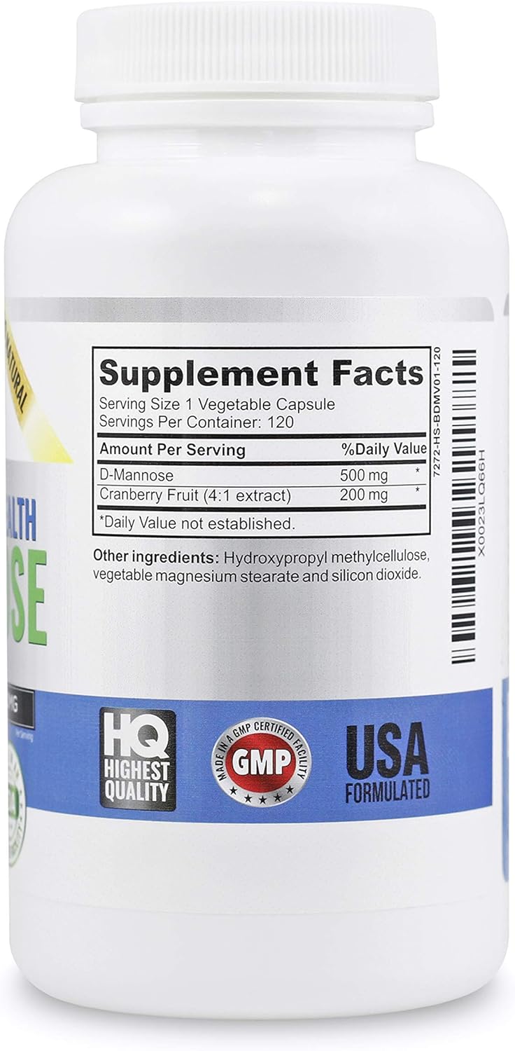High Strength D-Mannose and Cranberry Extract Pills for Urinary Tract and UTI Support - Immune System Boost - 700mg - Non-GMO - 120 Capsules