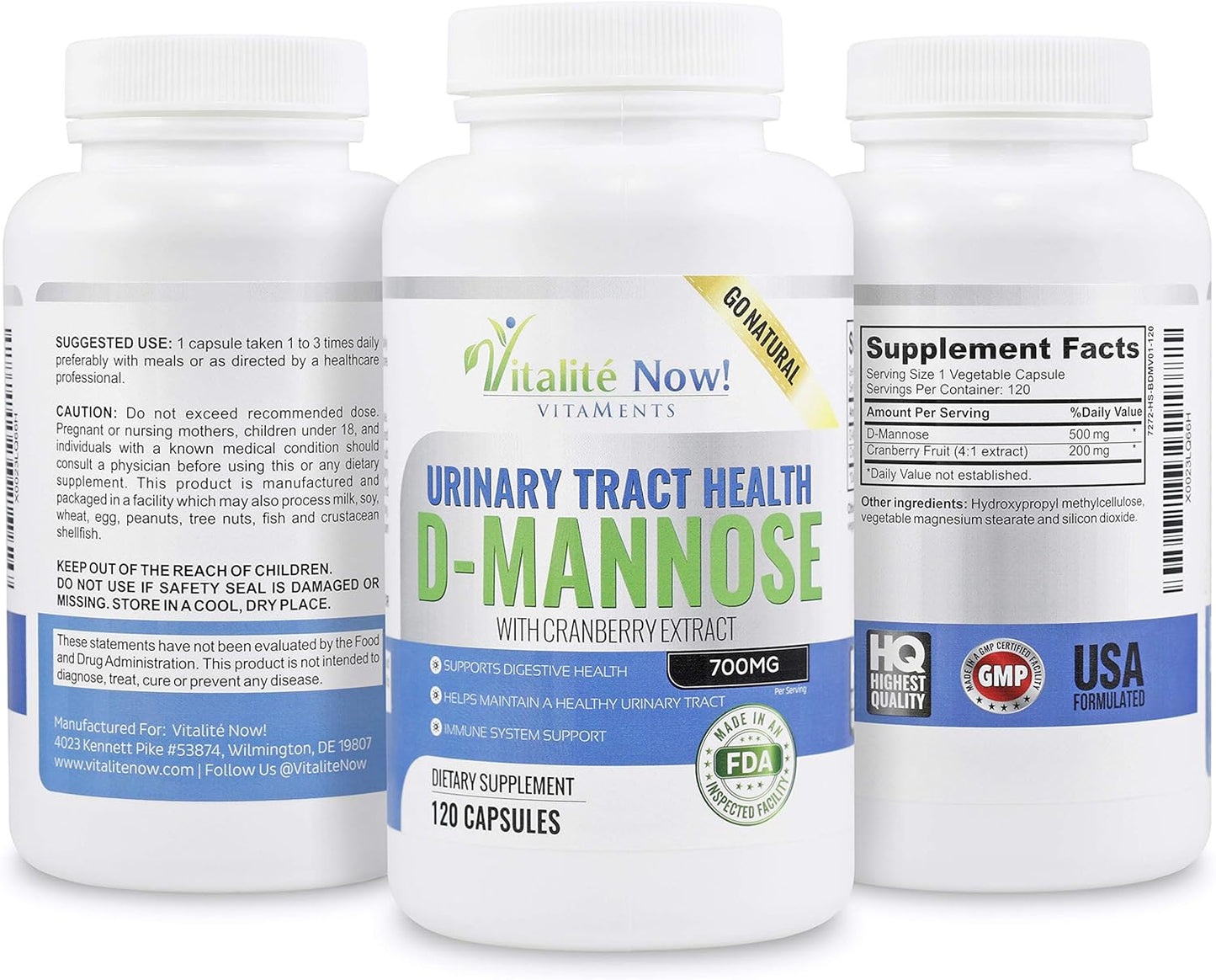 High Strength D-Mannose and Cranberry Extract Pills for Urinary Tract and UTI Support - Immune System Boost - 700mg - Non-GMO - 120 Capsules