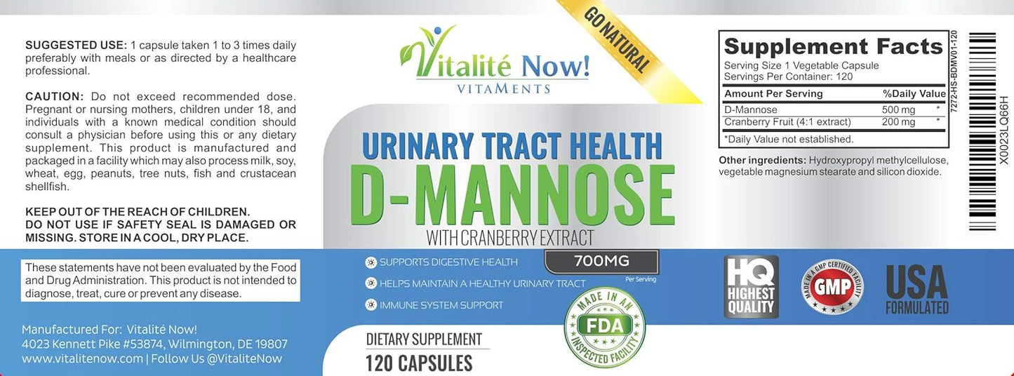 High Strength D-Mannose and Cranberry Extract Pills for Urinary Tract and UTI Support - Immune System Boost - 700mg - Non-GMO - 120 Capsules