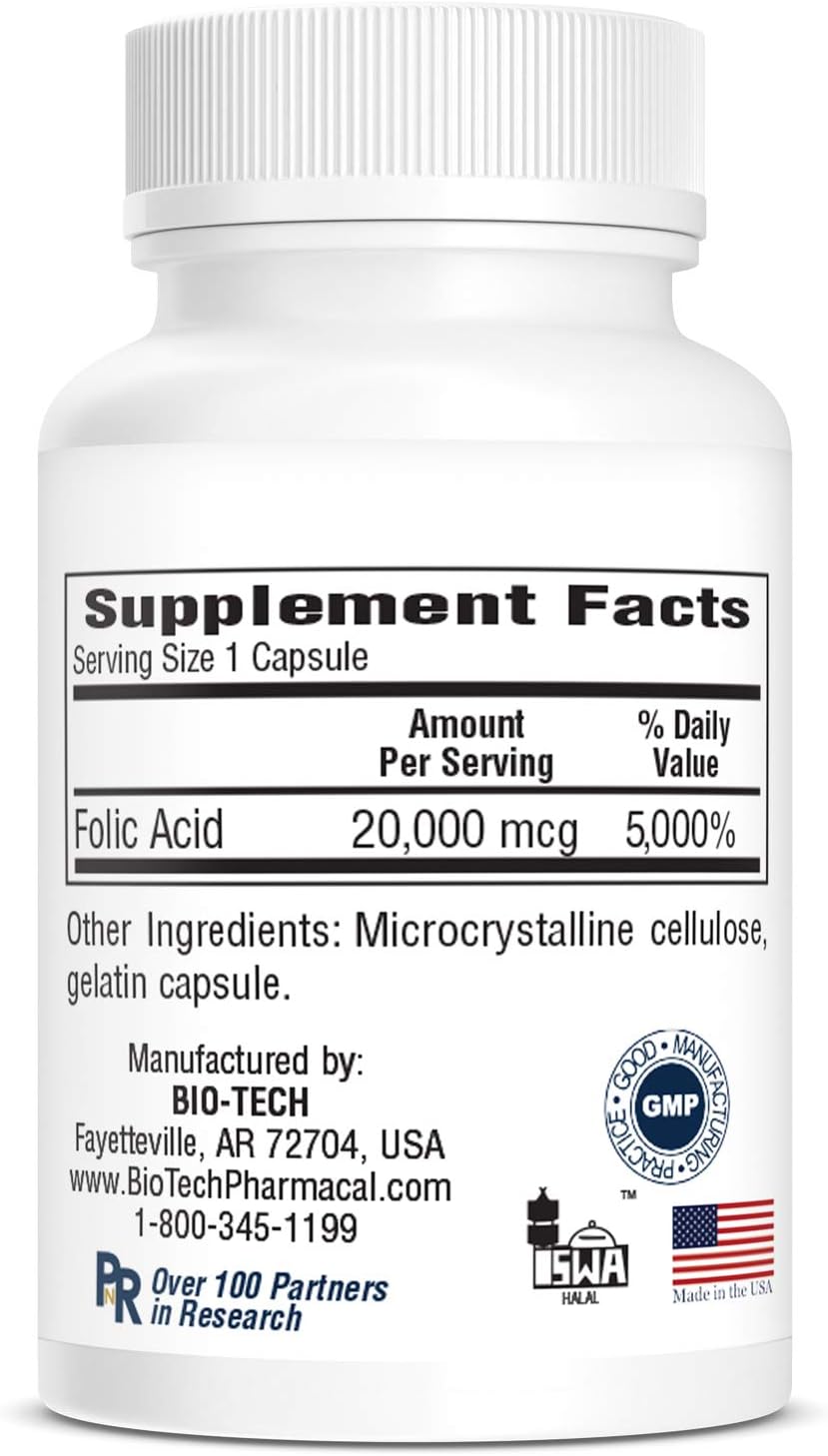 High Strength Folic Acid Supplement (20mg, 100 Tablets) by Bio-Tech Pharmacal
