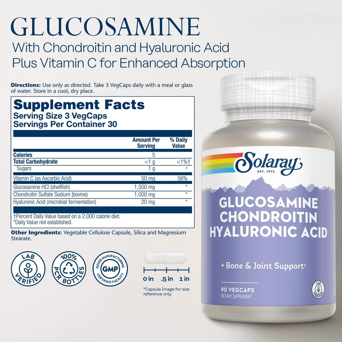 High Strength Glucosamine Chondroitin Hyaluronic Acid Capsules 90 Count - 1500mg/1000mg/20mg