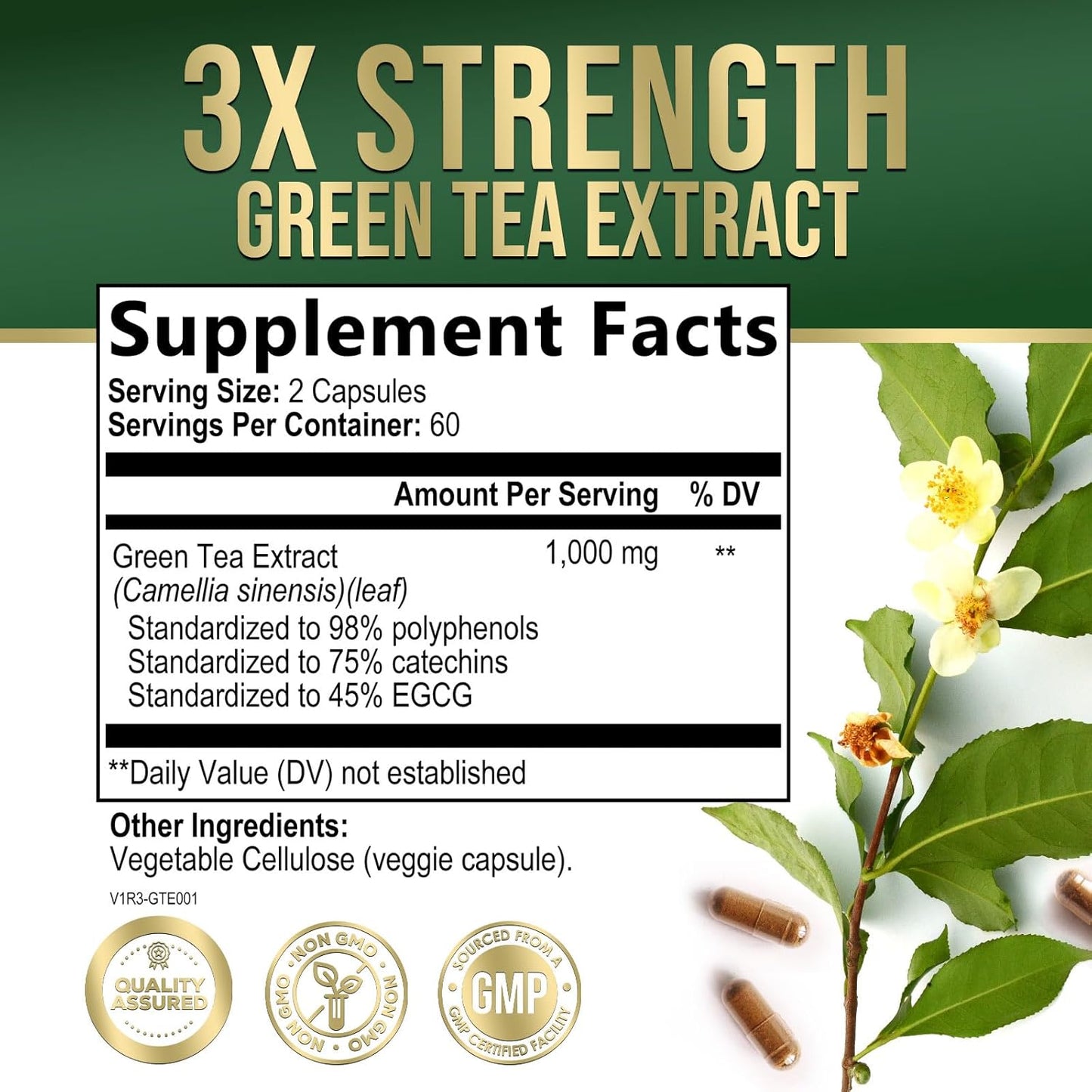 High Strength Green Tea Extract Pills - 1000mg with 98% EGCG & Polyphenols - Boost Energy, Heart & Antioxidant Health - Natural Caffeine Source - 120 Capsules