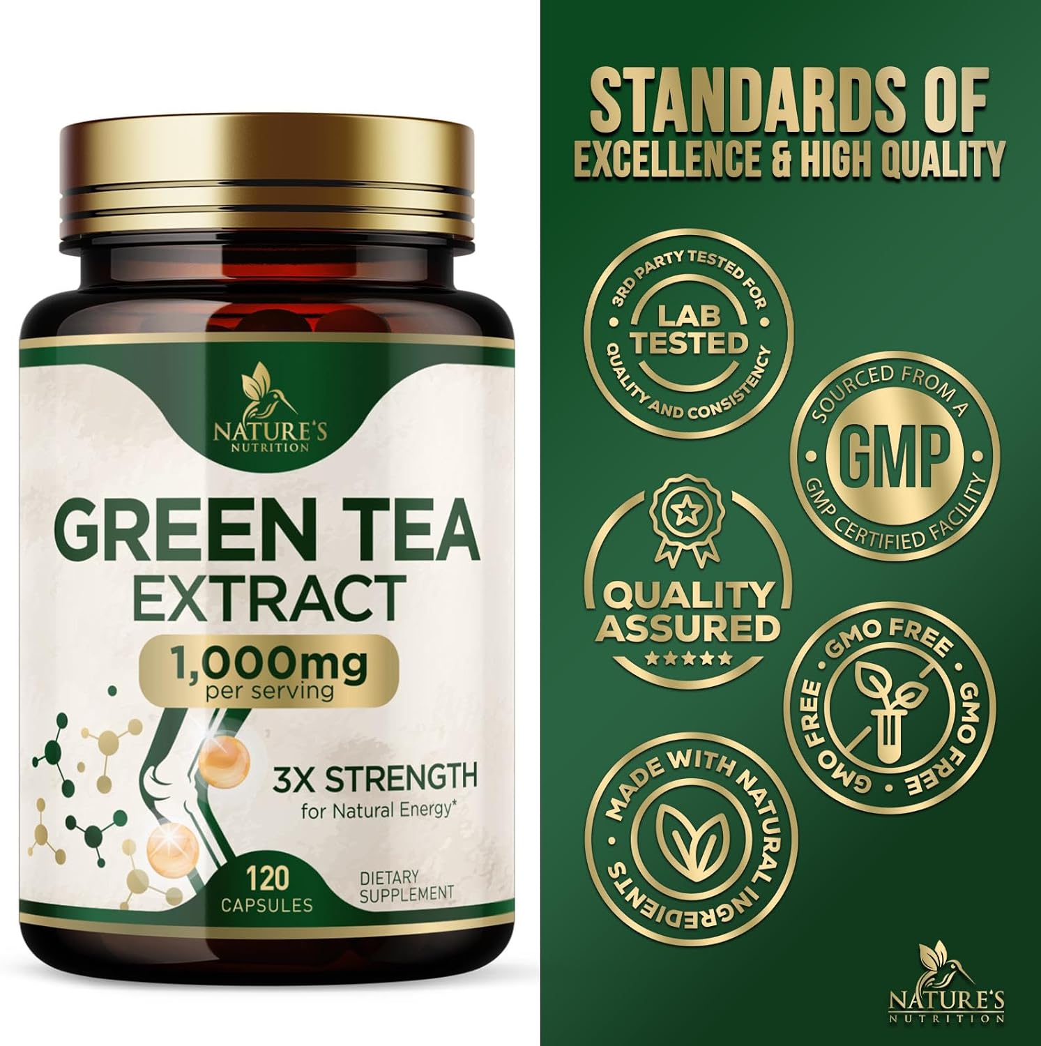 High Strength Green Tea Extract Pills - 1000mg with 98% EGCG & Polyphenols - Boost Energy, Heart & Antioxidant Health - Natural Caffeine Source - 120 Capsules