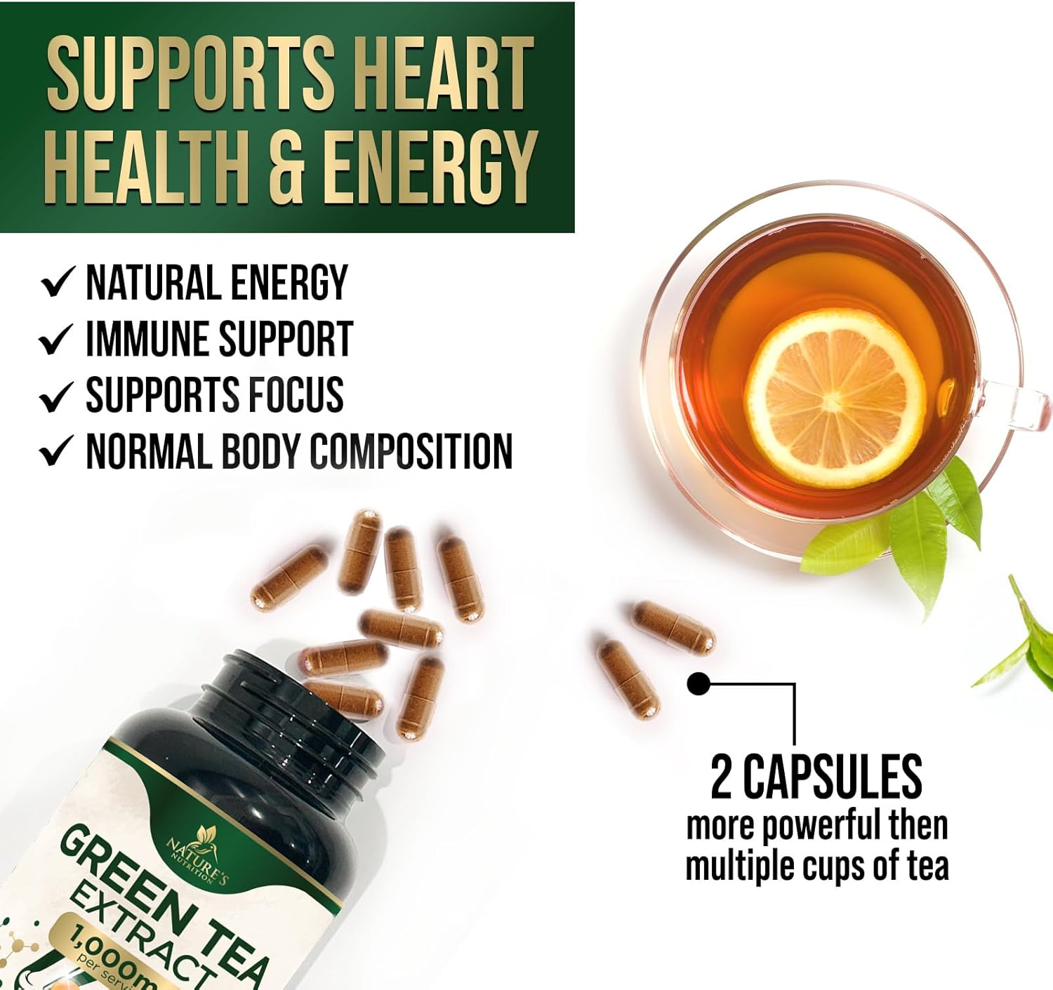 High Strength Green Tea Extract Pills - 1000mg with 98% EGCG & Polyphenols - Boost Energy, Heart & Antioxidant Health - Natural Caffeine Source - 120 Capsules