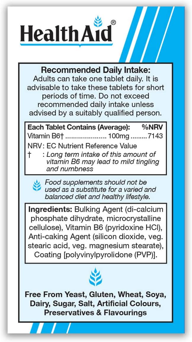 High Strength HealthAid Vitamin B6 Pyridoxine HCl 100mg - 90 Tablets for Wellness and Energy Support