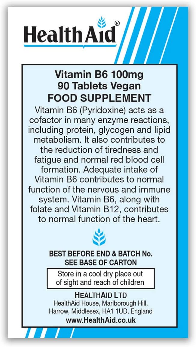 High Strength HealthAid Vitamin B6 Pyridoxine HCl 100mg - 90 Tablets for Wellness and Energy Support