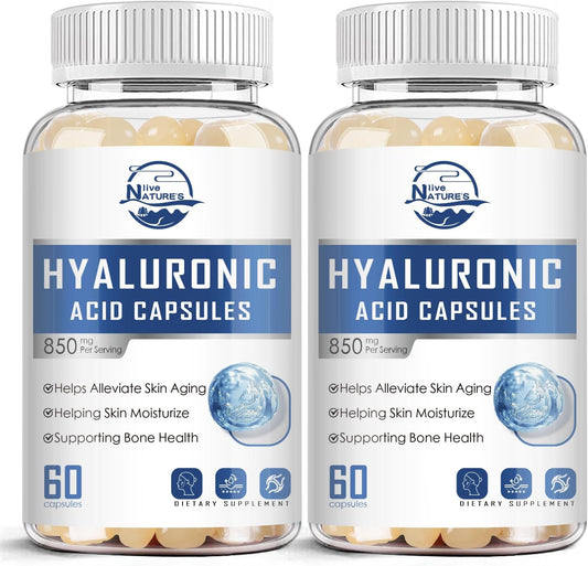 High Strength Hyaluronic Acid Supplements for Joints, Skin, Hair & Nails - 850mg Double Bioavailability, 60 Softgels x 2 Pack