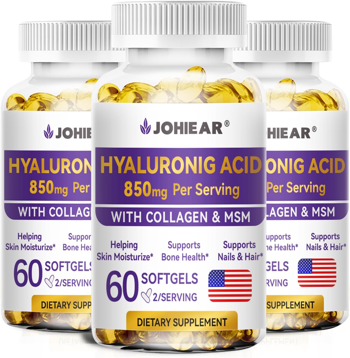 High Strength Hyaluronic Acid Supplements for Skin, Joints, Eyes, Hair & Nails - 850mg Capsules, 60 Softgels, Pack of 3