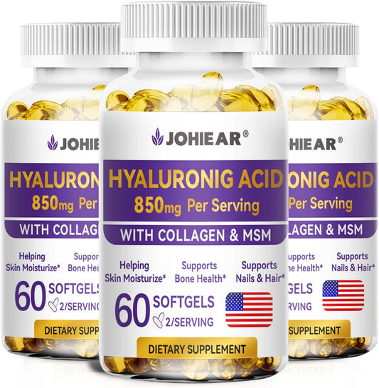 High Strength Hyaluronic Acid Supplements for Skin, Joints, Eyes, Hair & Nails - 850mg Capsules, 60 Softgels, Pack of 3