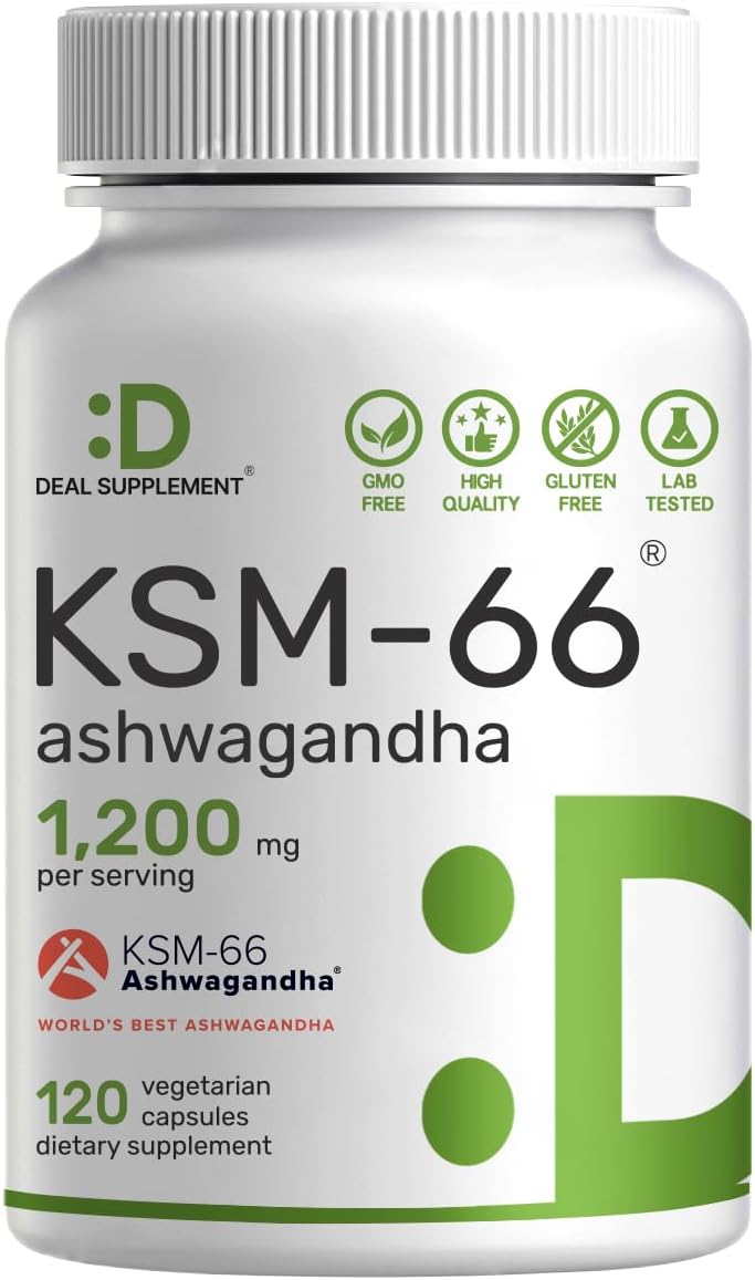 High Strength KSM 66 Ashwagandha Supplement with Black Pepper for Relaxation, Energy, Brain Health - 120 Veggie Capsules