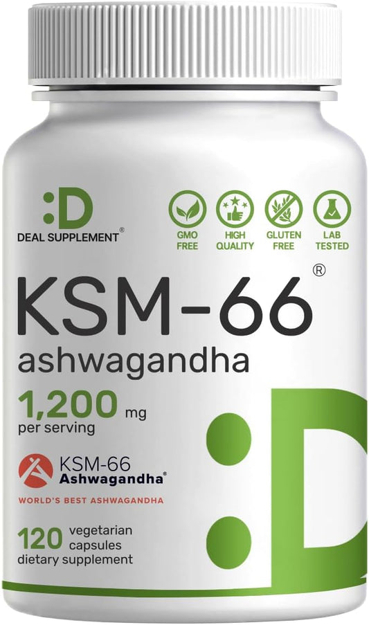 High Strength KSM 66 Ashwagandha Supplement with Black Pepper for Relaxation, Energy, Brain Health - 120 Veggie Capsules