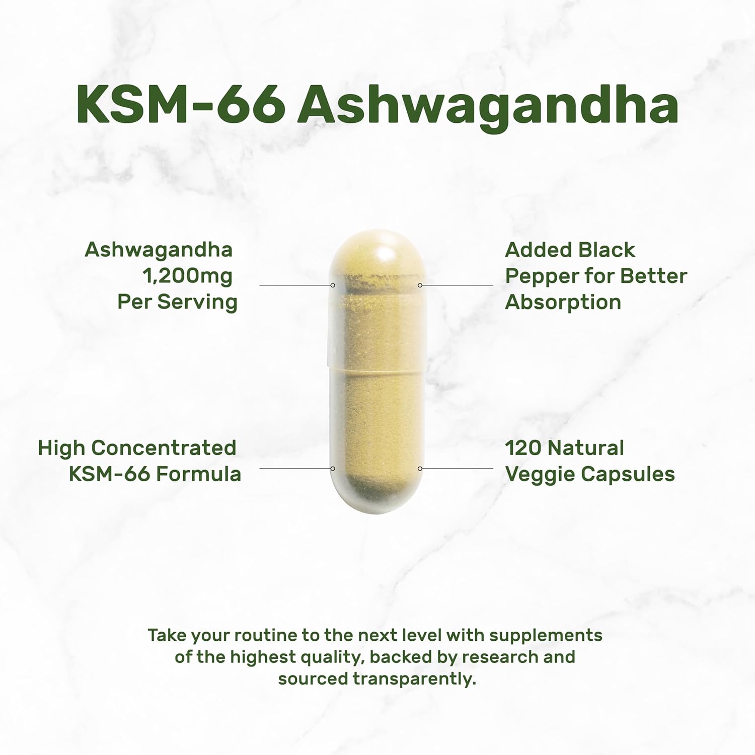 High Strength KSM 66 Ashwagandha Supplement with Black Pepper for Relaxation, Energy, Brain Health - 120 Veggie Capsules