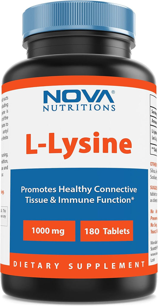 High Strength L-Lysine 1000mg Supplement - 180 Tablets by Nova Nutritions