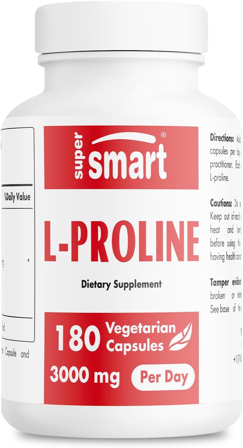 High-Strength L-Proline Supplement for Normal Collagen Production - 3000mg Per Day - Non-GMO, Gluten Free - 180 Veg Capsules