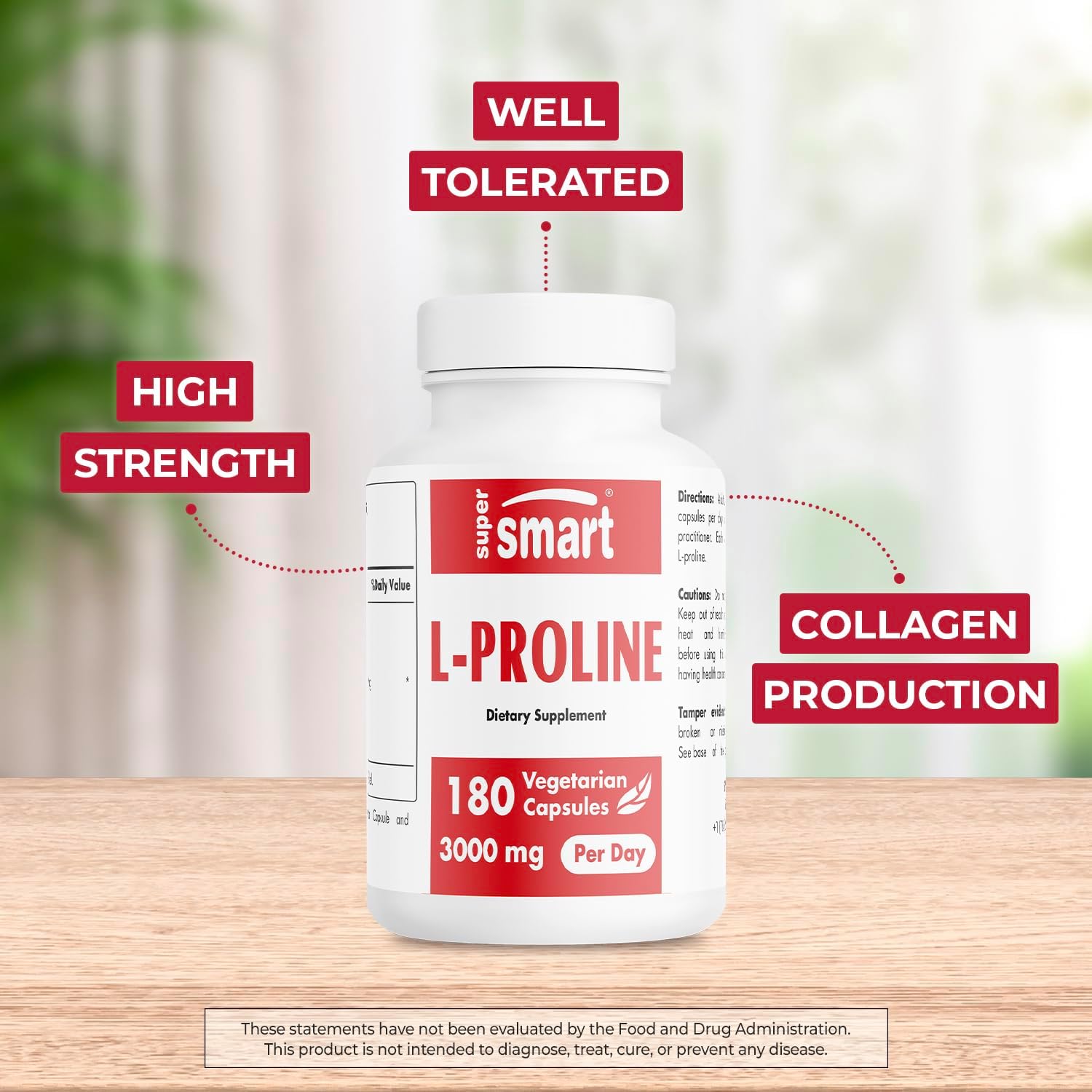 High-Strength L-Proline Supplement for Normal Collagen Production - 3000mg Per Day - Non-GMO, Gluten Free - 180 Veg Capsules