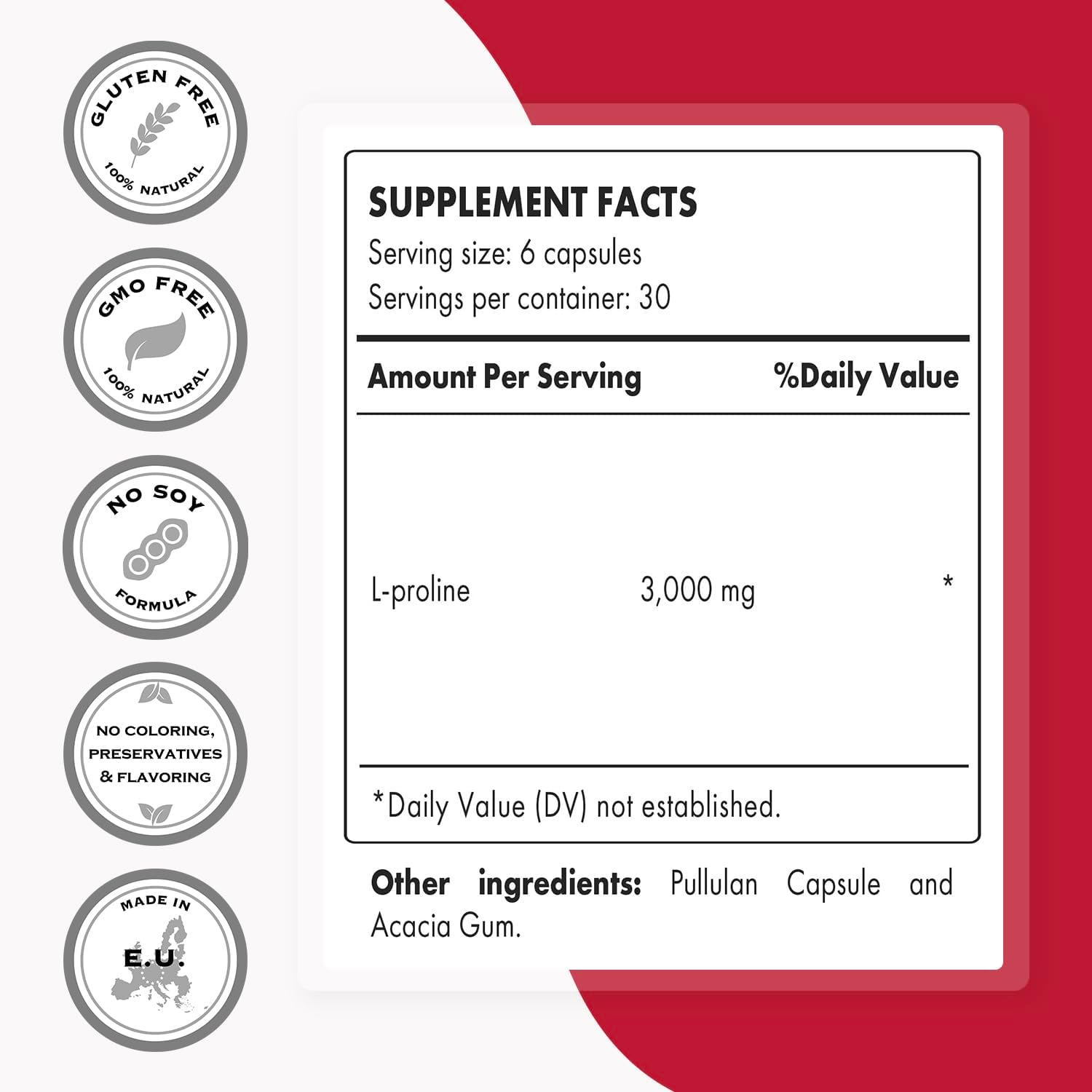 High-Strength L-Proline Supplement for Normal Collagen Production - 3000mg Per Day - Non-GMO, Gluten Free - 180 Veg Capsules