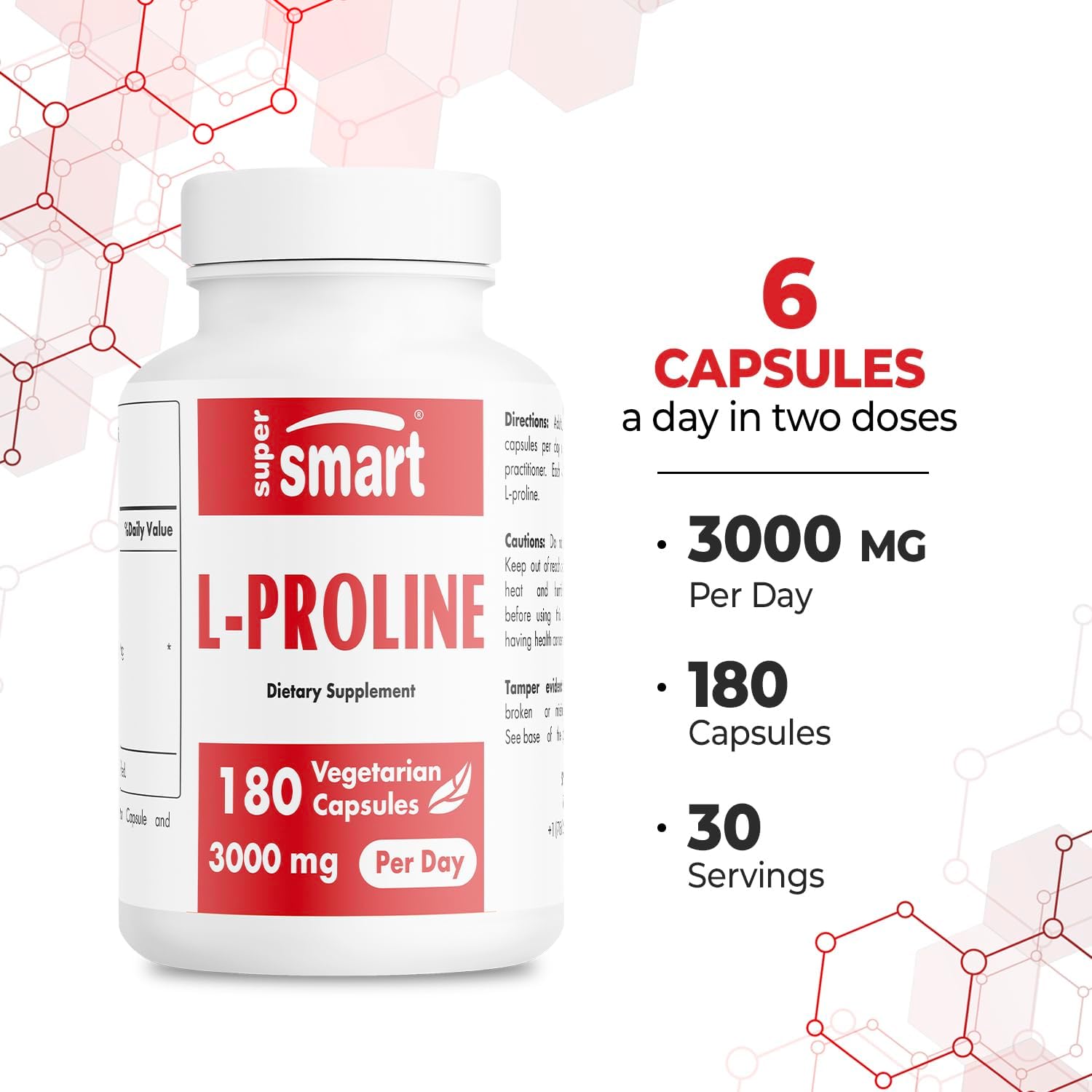 High-Strength L-Proline Supplement for Normal Collagen Production - 3000mg Per Day - Non-GMO, Gluten Free - 180 Veg Capsules