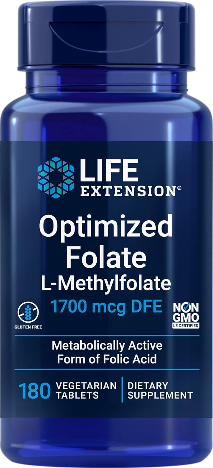 High Strength Life Extension Optimized Folate (L-Methylfolate) 1700 mcg DFE, 180 Vegetarian Tablets