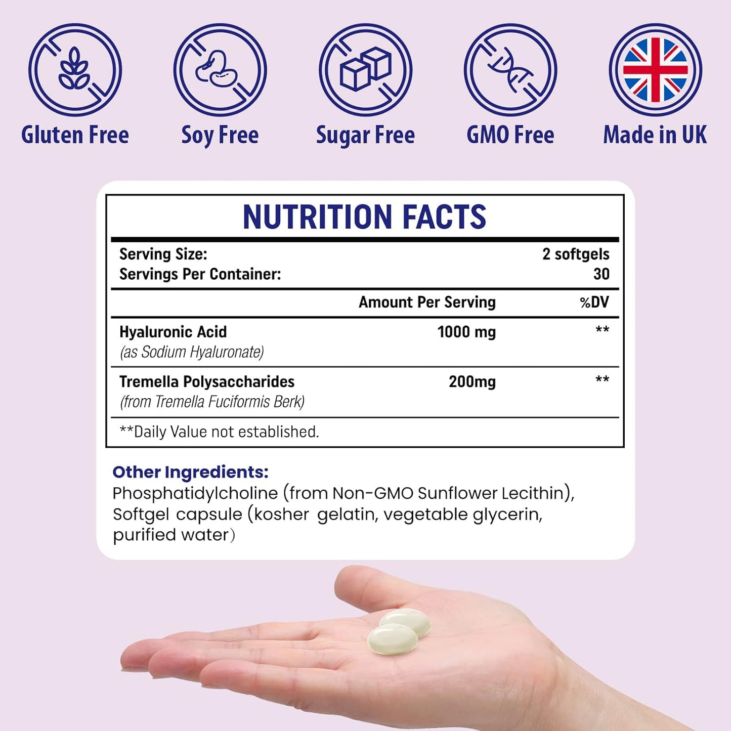 High Strength Liposomal Hyaluronic Acid Capsules with Tremella Polysaccharides for Skin and Joint Health - 1000mg, 1 Pack