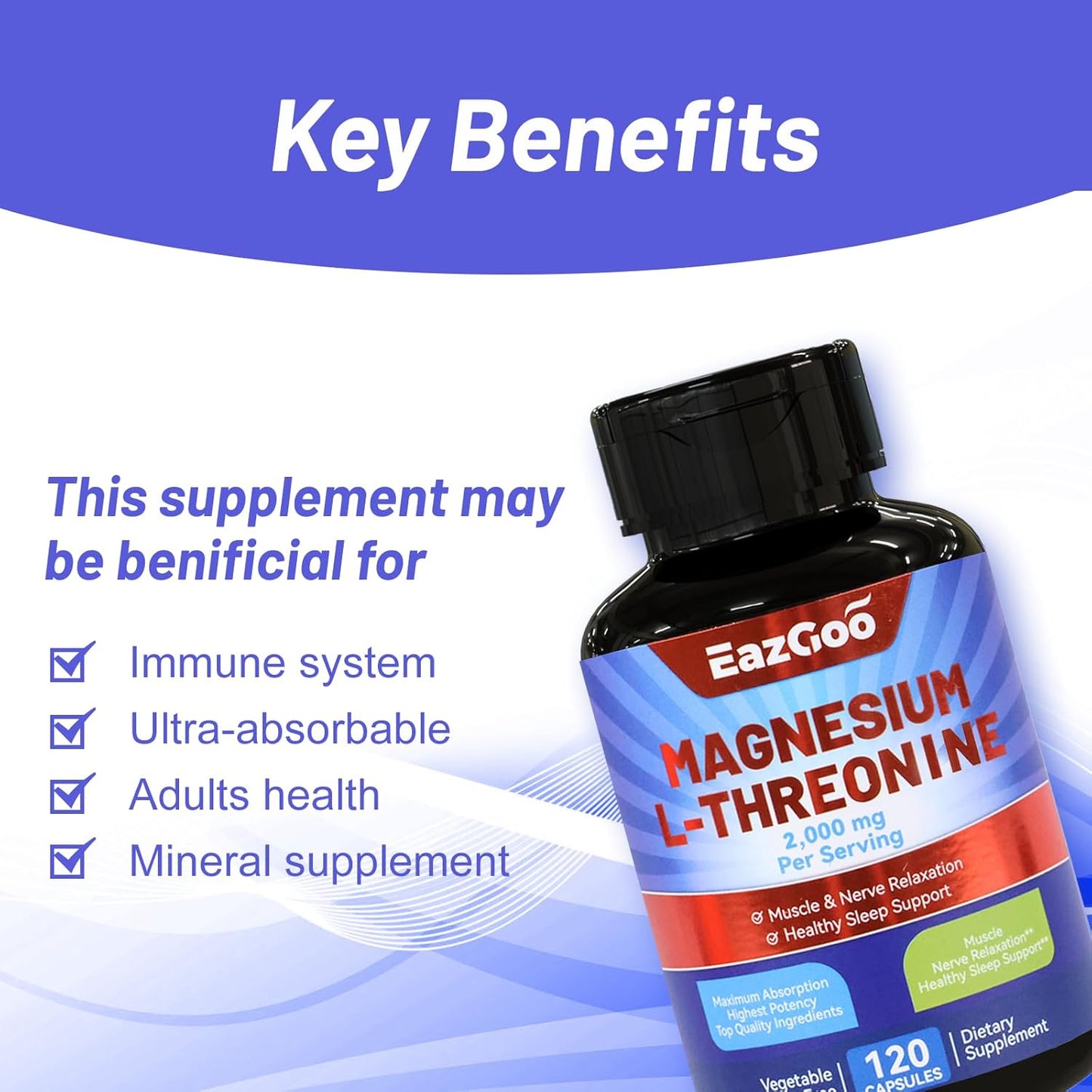 High Strength Magnesium L-Threonine Supplement - 2000mg, 120 Capsules by EAZGOO
