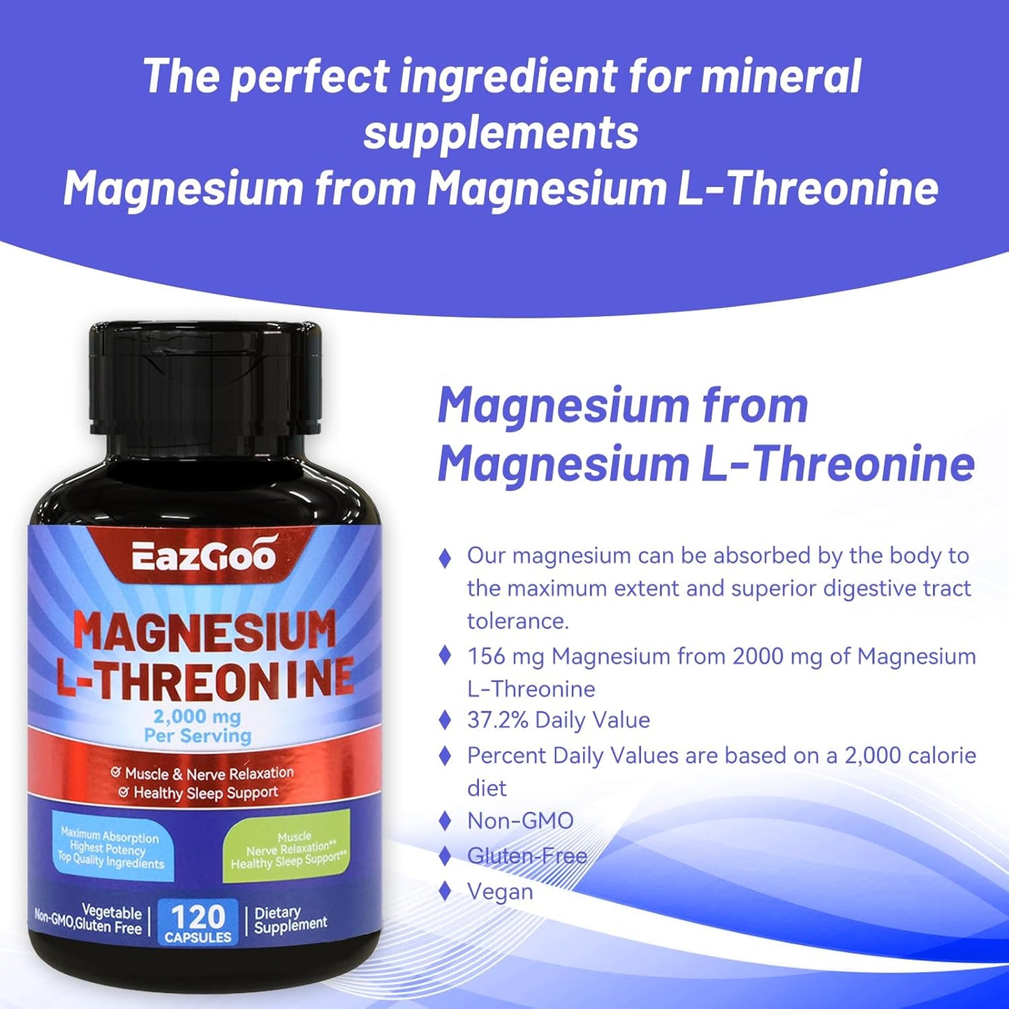 High Strength Magnesium L-Threonine Supplement - 2000mg, 120 Capsules by EAZGOO
